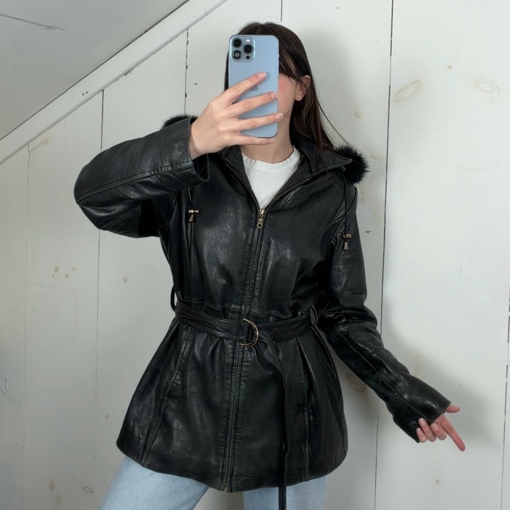 Vintage‎ Black Genuine Leather Belted Full Zip Jacket Women’s S/M Removable Hood